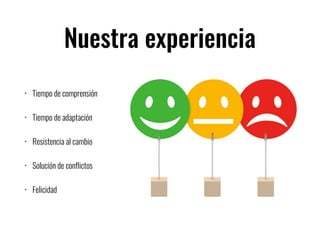 Nuestra experiencia
• Tiempo de comprensión
• Tiempo de adaptación
• Resistencia al cambio
• Solución de conflictos
• Felicidad
 