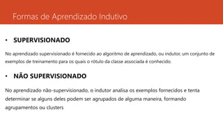 Formas de Aprendizado Indutivo
• SUPERVISIONADO
No aprendizado supervisionado é fornecido ao algoritmo de aprendizado, ou indutor, um conjunto de
exemplos de treinamento para os quais o rótulo da classe associada é conhecido.
• NÃO SUPERVISIONADO
No aprendizado não-supervisionado, o indutor analisa os exemplos fornecidos e tenta
determinar se alguns deles podem ser agrupados de alguma maneira, formando
agrupamentos ou clusters
 