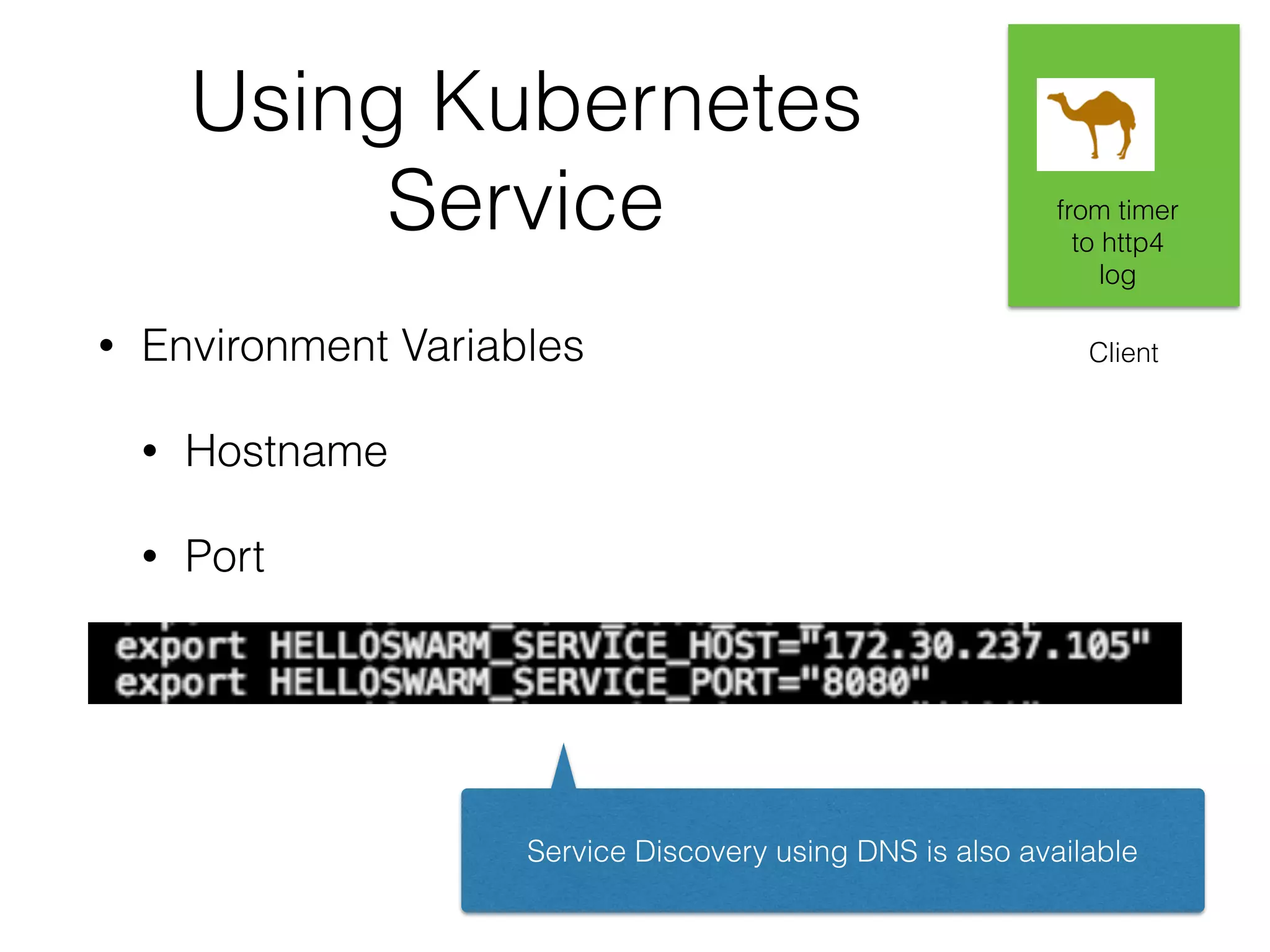 Using Kubernetes Service • Environment Variables • Hostname • Port Client from timer to http4 log Service Discovery using DNS is also available 