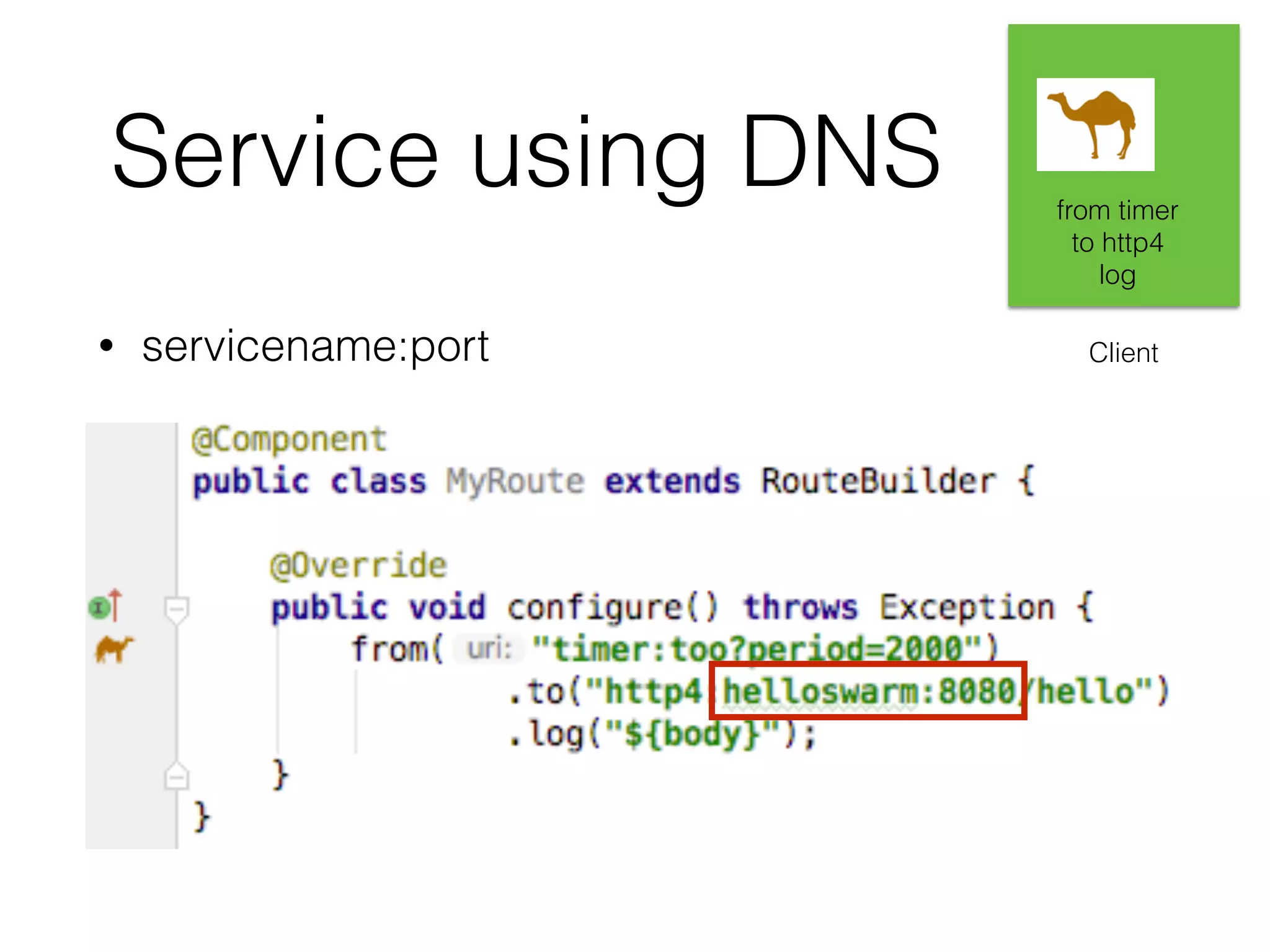 Service using DNS • servicename:port Client from timer to http4 log 