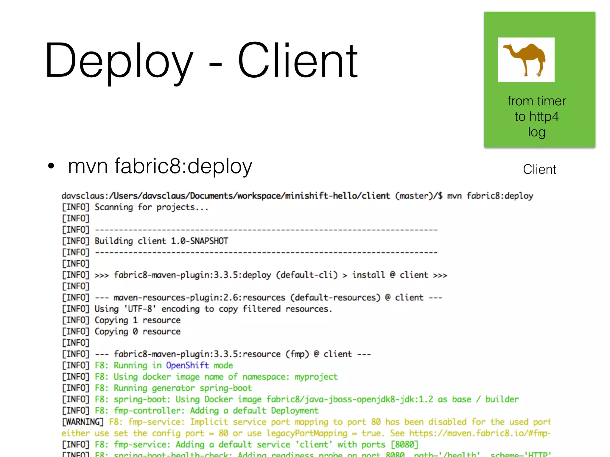 Deploy - Client • mvn fabric8:deploy Client from timer to http4 log 