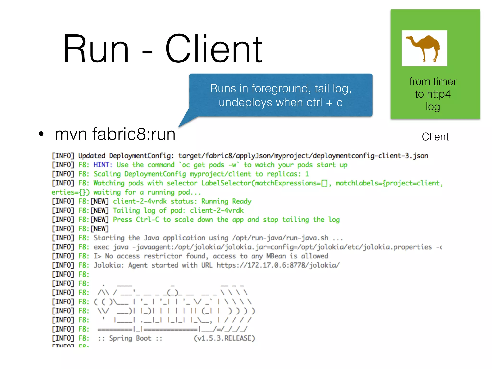 Run - Client • mvn fabric8:run Client from timer to http4 log Runs in foreground, tail log, undeploys when ctrl + c 