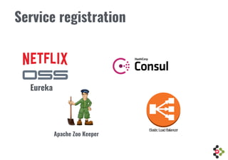 Service registration
Eureka
Apache Zoo Keeper
 