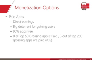 Copyright © 2016 Talentica Software (I) Pvt Ltd. All rights reserved.Copyright ©2016 Talentica Software (I) Pvt Ltd. All rights reserved. 4
Monetization Options
• Paid Apps
– Direct earnings
– Big deterrent for gaining users
– 90% apps free
– 0 of Top 50 Grossing app is Paid , 3 out of top 200
grossing apps are paid (iOS)
 