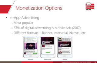 Copyright © 2016 Talentica Software (I) Pvt Ltd. All rights reserved.Copyright ©2016 Talentica Software (I) Pvt Ltd. All rights reserved. 5
Monetization Options
• In-App Advertising
– Most popular
– 57% of digital advertising is Mobile Ads (2017)
– Different formats – Banner, Interstitial, Native , etc.
 