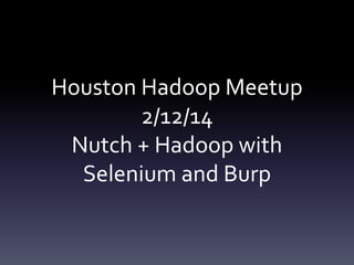 Houston Hadoop Meetup
2/12/14
Nutch + Hadoop with
Selenium and Burp
By Mark Kerzner, Elephant Scale

 
