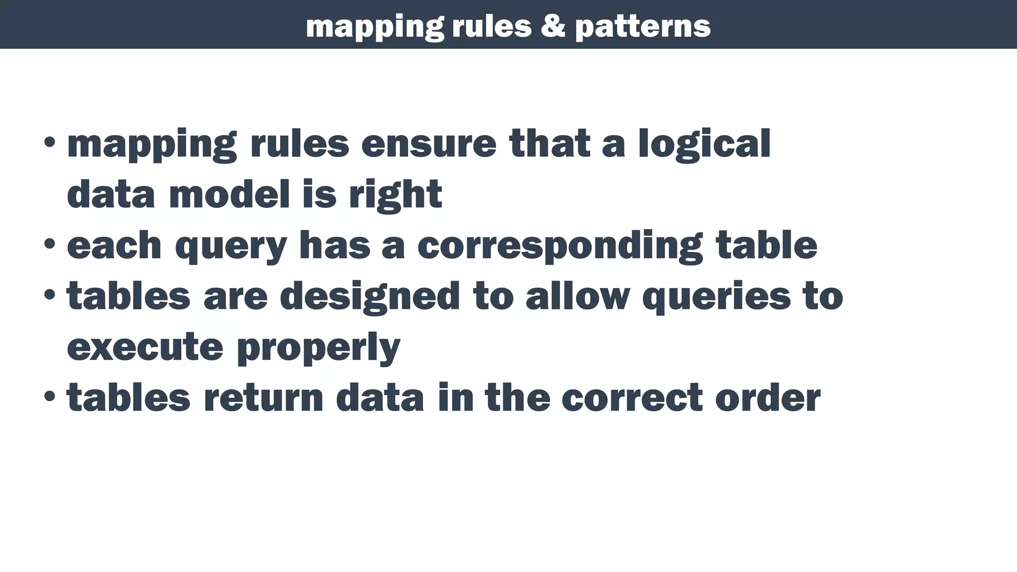mapping rules & patterns
• mapping rules ensure that a logical
data model is right
• each query has a corresponding table
• tables are designed to allow queries to
execute properly
• tables return data in the correct order
 