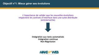 L’importance de valider que les nouvelles évolutions
respectent les contrats d’interface dans une suite distribuée
(entrée/sortie)
Intégration aux tests automatisés
Intégration continue
Non-Régression
Objectif n°1: Mieux gérer ses évolutions
 