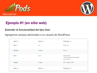 #wpvalencia
Ejemplo #1 (en sitio web)
Extender la funcionalidad del tipo User
Agregamos campos adicionales a un usuario de WordPress
 