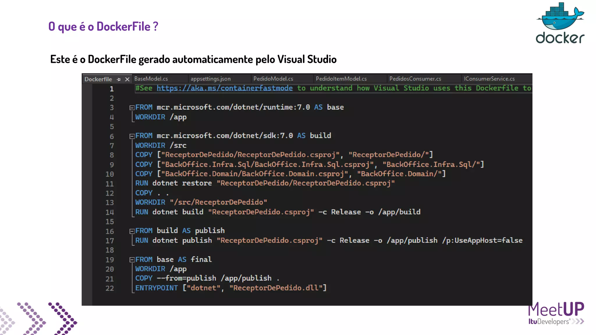 O que é o DockerFile ?
Este é o DockerFile gerado automaticamente pelo Visual Studio
 