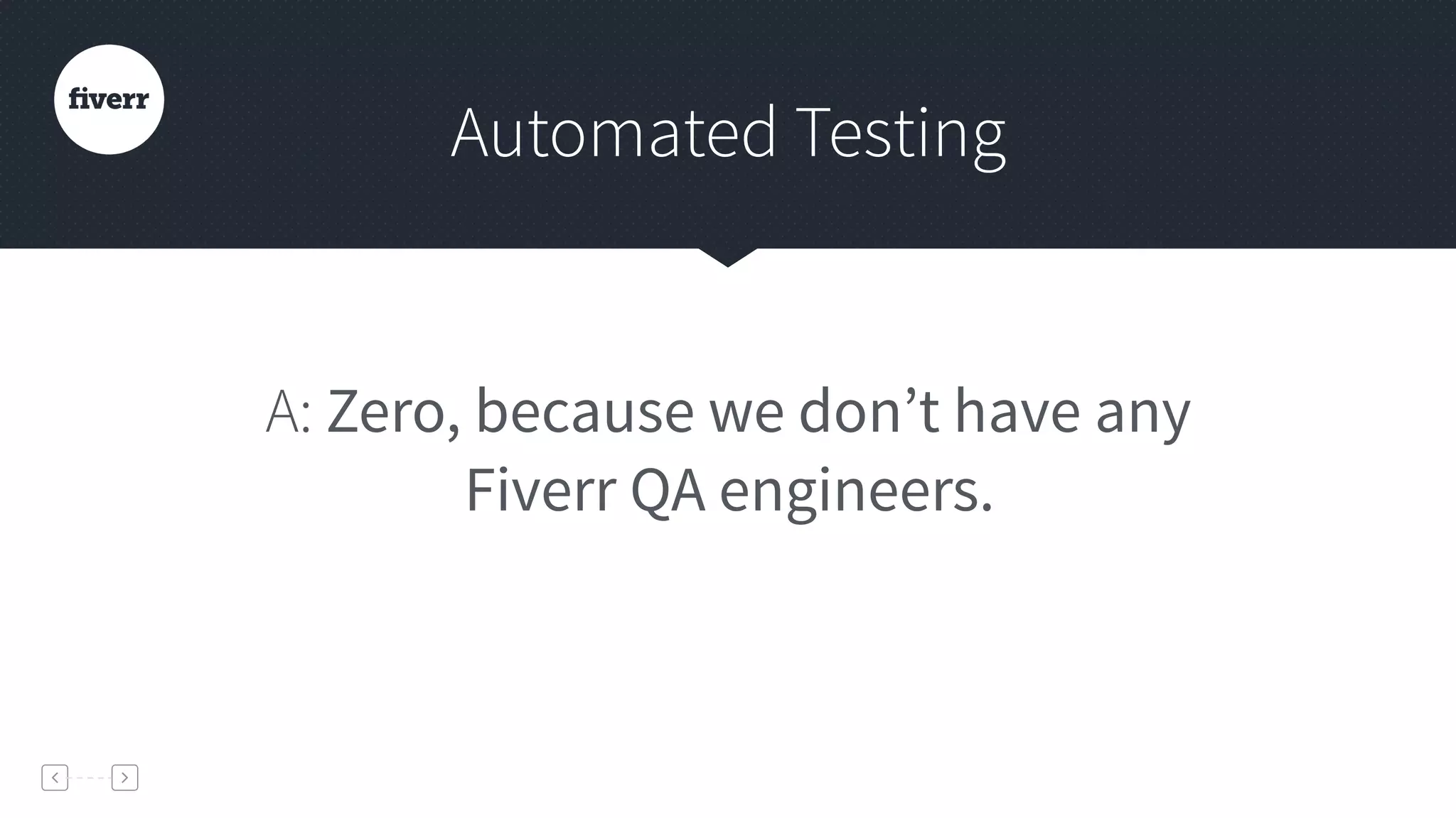 Automated Testing
A: Zero, because we don’t have any
Fiverr QA engineers.
 