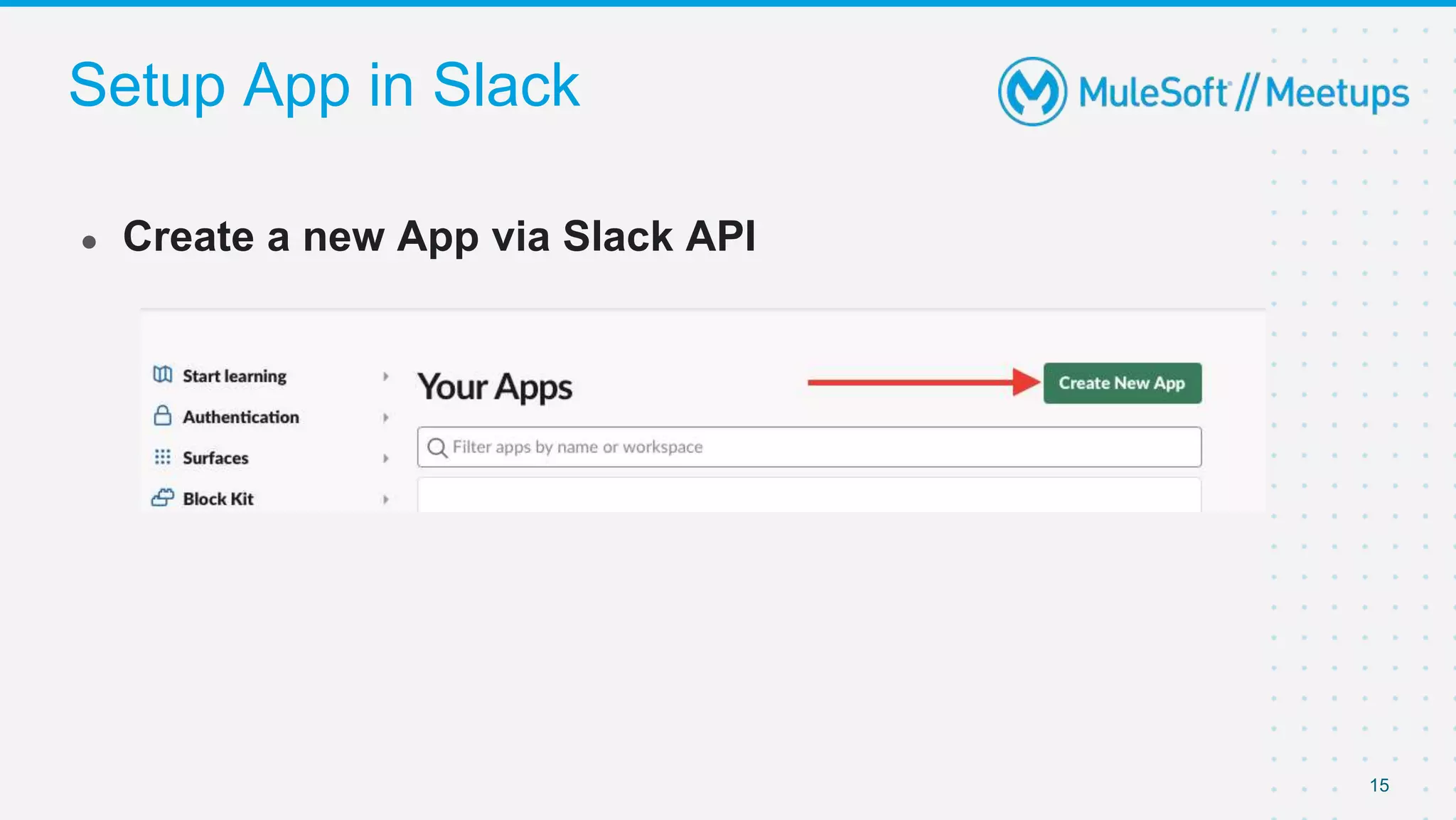 Setup App in Slack
● Create a new App via Slack API
15
 