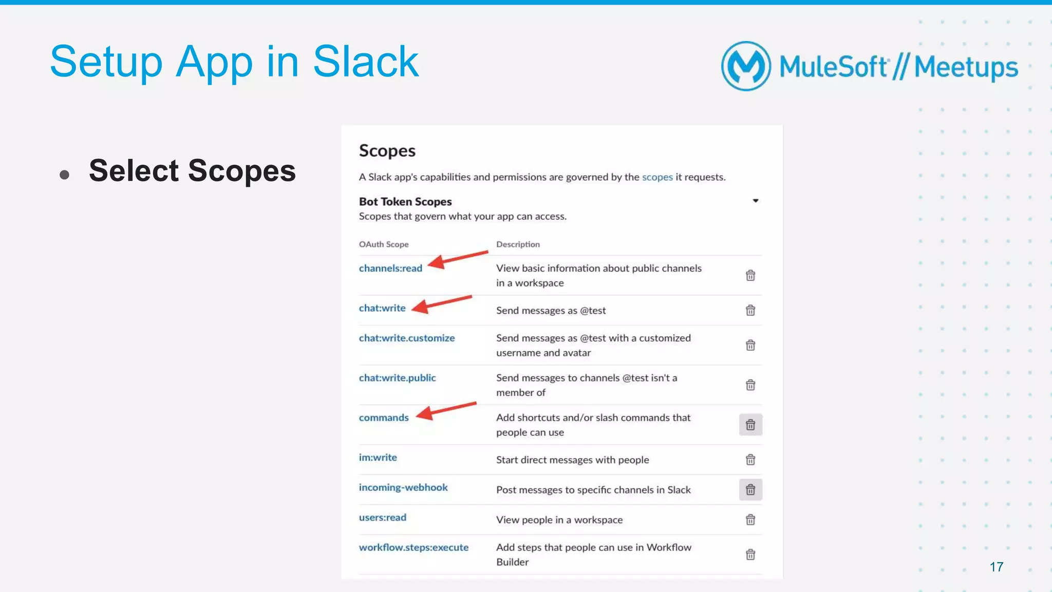 Setup App in Slack
● Select Scopes
17
 