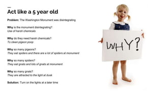 Act like a 5 year old
Problem: The Washington Monument was disintegrating
Why is the monument disintegrating?
Use of harsh chemicals
Why do they need harsh chemicals?
To clean pigeon poop
Why so many pigeons?
They eat spiders and there are a lot of spiders at monument
Why so many spiders?
They eat gnats and lots of gnats at monument
Why so many gnats?
They are attracted to the light at dusk
Solution: Turn on the lights at a later time
 