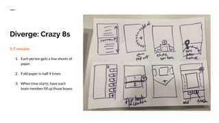 Diverge: Crazy 8s
5-7 minutes
1. Each person gets a few sheets of
paper.
2. Fold paper in half 4 times
3. When time starts, have each
team member fill up those boxes
 