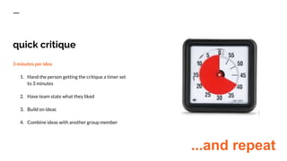 quick critique
3 minutes per idea
1. Hand the person getting the critique a timer set
to 3 minutes
2. Have team state what they liked
3. Build on ideas
4. Combine ideas with another group member
...and repeat
 