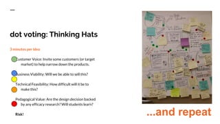 dot voting: Thinking Hats
3 minutes per idea
Customer Voice: Invite some customers (or target
market) to help narrow down the products.
Business Viability: Will we be able to sell this?
Technical Feasibility: How difficult will it be to
make this?
Pedagogical Value: Are the design decision backed
by any efficacy research? Will students learn?
Risk! ...and repeat
 