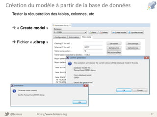 @telosys http://www.telosys.org 27
Création du modèle à partir de la base de données
Tester la récupération des tables, colonnes, etc
 « Create model »
 Fichier « .dbrep »
 