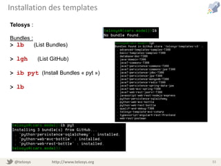 @telosys http://www.telosys.org 33
Installation des templates
Telosys :
Bundles :
> lb (List Bundles)
> lgh (List GitHub)
> ib pyt (Install Bundles « pyt »)
> lb
 