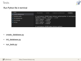 @telosys http://www.telosys.org 35
Tests
Run Python file in terminal
• create_database.py
• init_database.py
• run_tests.py
 
