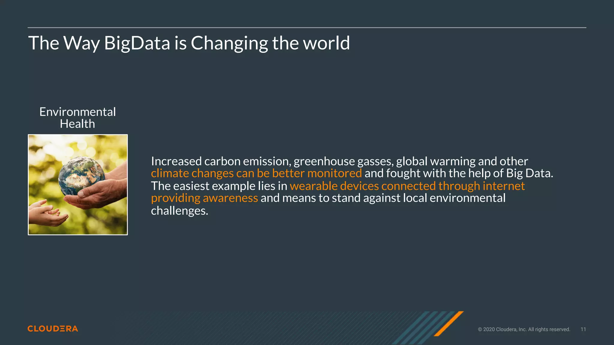 © 2020 Cloudera, Inc. All rights reserved. 11
Environmental
Health
The Way BigData is Changing the world
Increased carbon emission, greenhouse gasses, global warming and other
climate changes can be better monitored and fought with the help of Big Data.
The easiest example lies in wearable devices connected through internet
providing awareness and means to stand against local environmental
challenges.
 