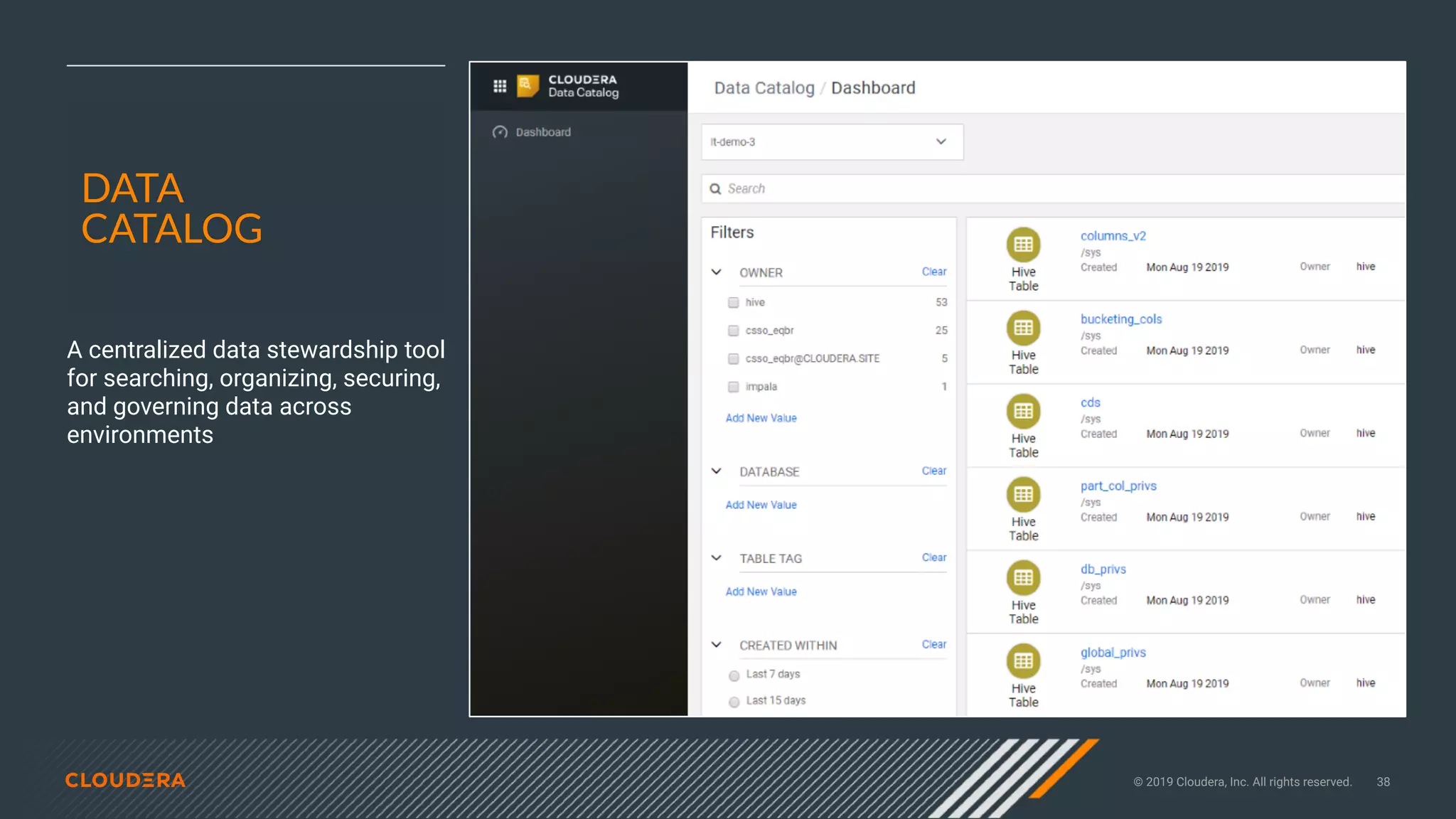 © 2019 Cloudera, Inc. All rights reserved. 38
DATA
CATALOG
A centralized data stewardship tool
for searching, organizing, securing,
and governing data across
environments
 