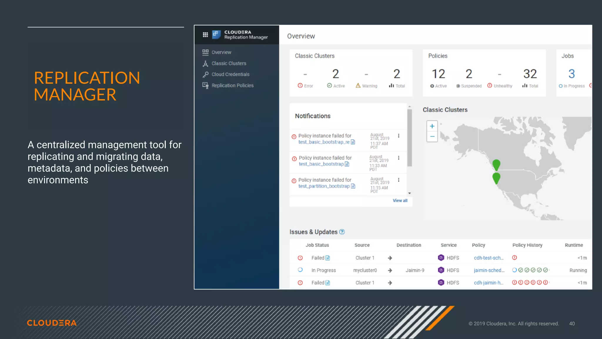 © 2019 Cloudera, Inc. All rights reserved. 40
REPLICATION
MANAGER
A centralized management tool for
replicating and migrating data,
metadata, and policies between
environments
 