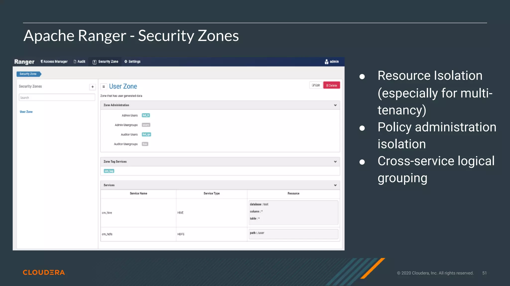 © 2020 Cloudera, Inc. All rights reserved. 51
Apache Ranger - Security Zones
● Resource Isolation
(especially for multi-
tenancy)
● Policy administration
isolation
● Cross-service logical
grouping
 
