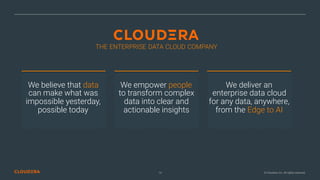 © Cloudera, Inc. All rights reserved.19
THE ENTERPRISE DATA CLOUD COMPANY
We believe that data
can make what was
impossible yesterday,
possible today
We empower people  
to transform complex
data into clear and
actionable insights
We deliver an  
enterprise data cloud
for any data, anywhere,
from the Edge to AI
 