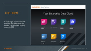 © 2019 Cloudera, Inc. All rights reserved. 32
CDP HOME
A single login to access the full
platform, documentation, and
support - all controlled through
corporate SSO
 