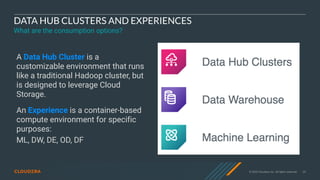 © 2020 Cloudera, Inc. All rights reserved. 35
DATA HUB CLUSTERS AND EXPERIENCES
What are the consumption options?
A Data Hub Cluster is a
customizable environment that runs
like a traditional Hadoop cluster, but
is designed to leverage Cloud
Storage.
An Experience is a container-based
compute environment for specific
purposes:
ML, DW, DE, OD, DF
 