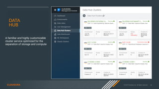 © 2019 Cloudera, Inc. All rights reserved. 36
DATA
HUB
A familiar and highly customizable
cluster service optimized for the
separation of storage and compute
 