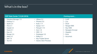 © 2020 Cloudera, Inc. All rights reserved. 45
What’s in the box?
CDP Data Center 7.0 (2H 2019) Coming soon...
• Cloudera Manager 7.0
• Hadoop 3.1
• Spark 2.4
• Hive 3.1
• Impala 3.2
• Oozie 5.1
• Hue 4.3
• Ranger 2.0
• Atlas 2.0
• Solr 7.4
• Tez 0.9
• HBase 2.2
• Phoenix 5.0
• Kudu 1.11
• Sqoop 1.4.7
• Parquet 1.10
• Avro 1.8
• ORC 1.5
• Zookeeper 3.5
• Kafka 2.3
• Key Trustee Server
• Ozone (Tech Preview)
• LLAP
• Livy
• Druid
• Ranger KMS
• Key HSM
• Navigator Encrypt
• Zeppelin
• Knox
• Accumulo
 