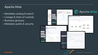 © 2020 Cloudera, Inc. All rights reserved. 54
Apache Atlas
• Metadata catalog & search
• Lineage & chain of custody
• Business glossary
• Metadata audits & security
 