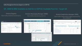 © 2020 Cloudera, Inc. All rights reserved. 76
Kafka Management Services Support on CDP-DC
SR, SMM & SRM Available as Add-On to CDP-DC Available Post GA - Target Q4
Schema Registry
New Kafka Schema Governance
Streams Replication Manager (SRM)
New Kafka Replication Engine powered by
MirrorMaker2
Streams Messaging Manager (SMM)
New Kafka Monitoring Service
 
