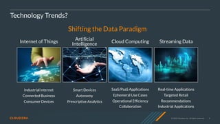 © 2020 Cloudera, Inc. All rights reserved. 8
Technology Trends?
Artificial
Intelligence
Internet of Things Cloud Computing Streaming Data
Industrial Internet
Connected Business
Consumer Devices
Smart Devices
Autonomy
Prescriptive Analytics
SaaS/PaaS Applications
Ephemeral Use Cases
Operational Efficiency
Collaboration
Real-time Applications
Targeted Retail
Recommendations
Industrial Applications
Shifting the Data Paradigm
 