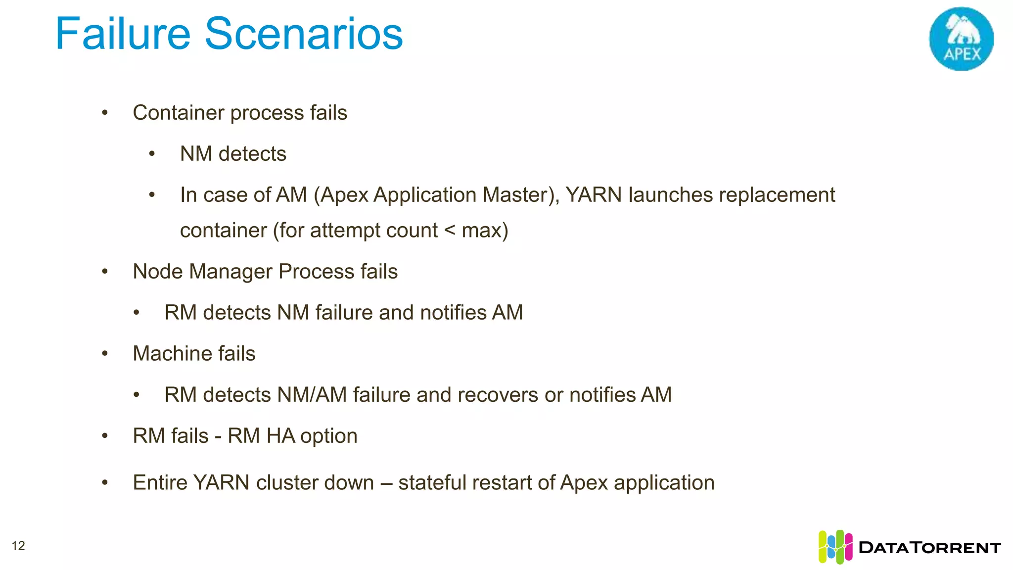 • Container process fails • NM detects • In case of AM (Apex Application Master), YARN launches replacement container (for attempt count < max) • Node Manager Process fails • RM detects NM failure and notifies AM • Machine fails • RM detects NM/AM failure and recovers or notifies AM • RM fails - RM HA option • Entire YARN cluster down – stateful restart of Apex application Failure Scenarios 12 