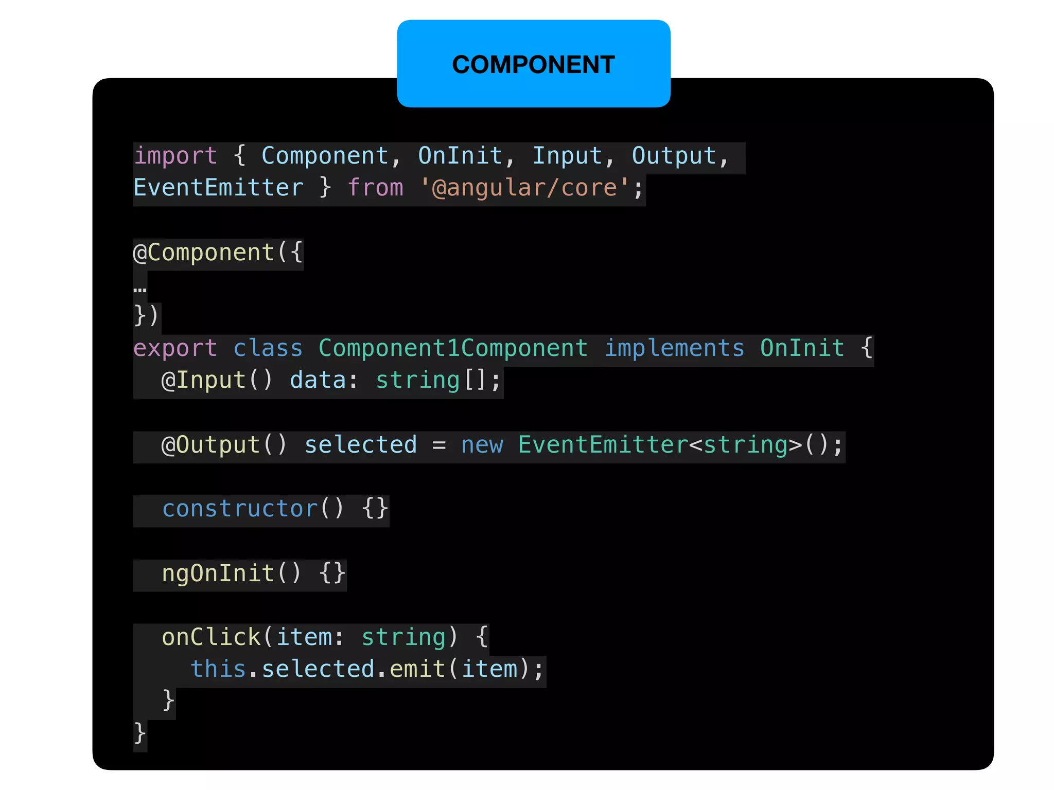 import { Component, OnInit, Input, Output,
EventEmitter } from '@angular/core';
@Component({
…
})
export class Component1Component implements OnInit {
@Input() data: string[];
@Output() selected = new EventEmitter<string>();
constructor() {}
ngOnInit() {}
onClick(item: string) {
this.selected.emit(item);
}
}
COMPONENT
 