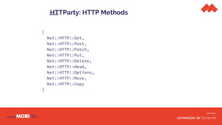 AUTOMAÇÃO DE TESTES API
HTTParty: HTTP Methods
[
Net::HTTP::Get,
Net::HTTP::Post,
Net::HTTP::Patch,
Net::HTTP::Put,
Net::HTTP::Delete,
Net::HTTP::Head,
Net::HTTP::Options,
Net::HTTP::Move,
Net::HTTP::Copy
]
 