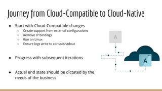 Journey from Cloud-Compatible to Cloud-Native
● Start with Cloud-Compatible changes
○ Create support from external configu...
