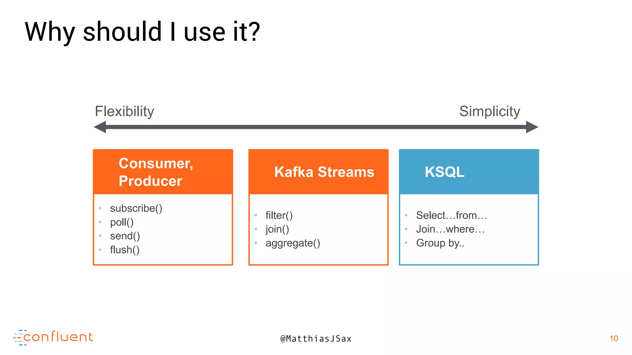 10
10@MatthiasJSax
• subscribe()
• poll()
• send()
• flush()
Consumer,
Producer
• filter()
• join()
• aggregate()
Kafka Streams
• Select…from…
• Join…where…
• Group by..
KSQL
Flexibility Simplicity
Why should I use it?
 