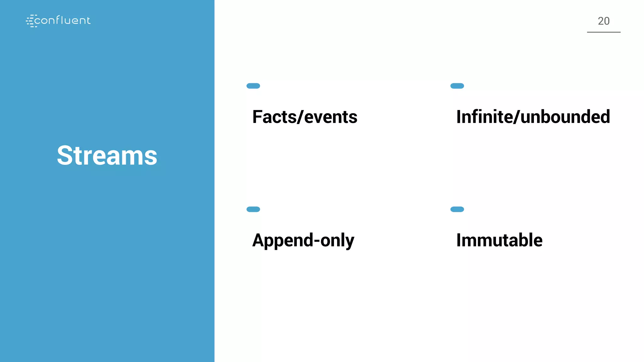 Streams
Facts/events Infinite/unbounded
Append-only Immutable
20
 