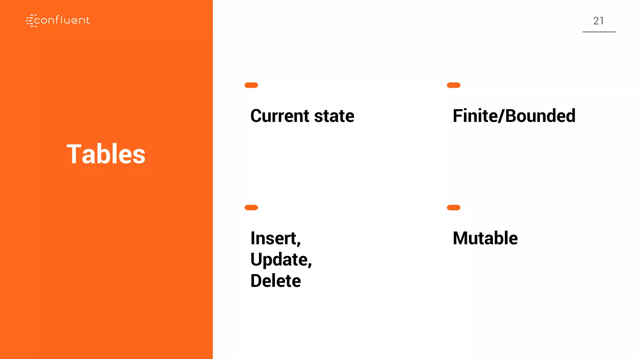 Tables
Current state Finite/Bounded
Insert,
Update,
Delete
Mutable
21
 