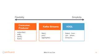 30
30@MatthiasJSax
• subscribe()
• poll()
• send()
• flush()
Consumer,
Producer
• filter()
• join()
• aggregate()
Kafka Streams
• Select…from…
• Join…where…
• Group by..
KSQL
Flexibility Simplicity
 