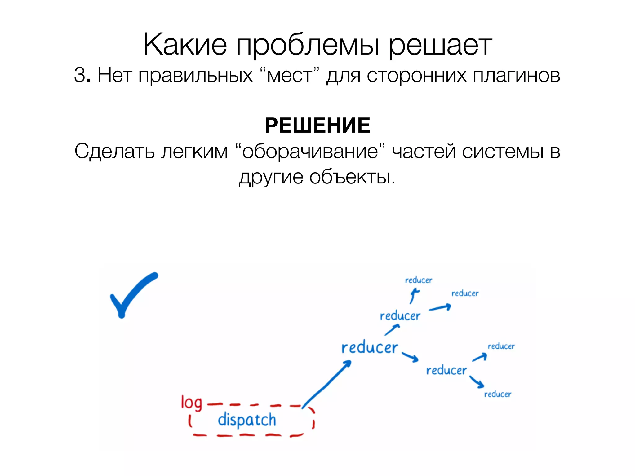 Какие проблемы решает 3. Нет правильных “мест” для сторонних плагинов  РЕШЕНИЕ Сделать легким “оборачивание” частей системы в другие объекты. 