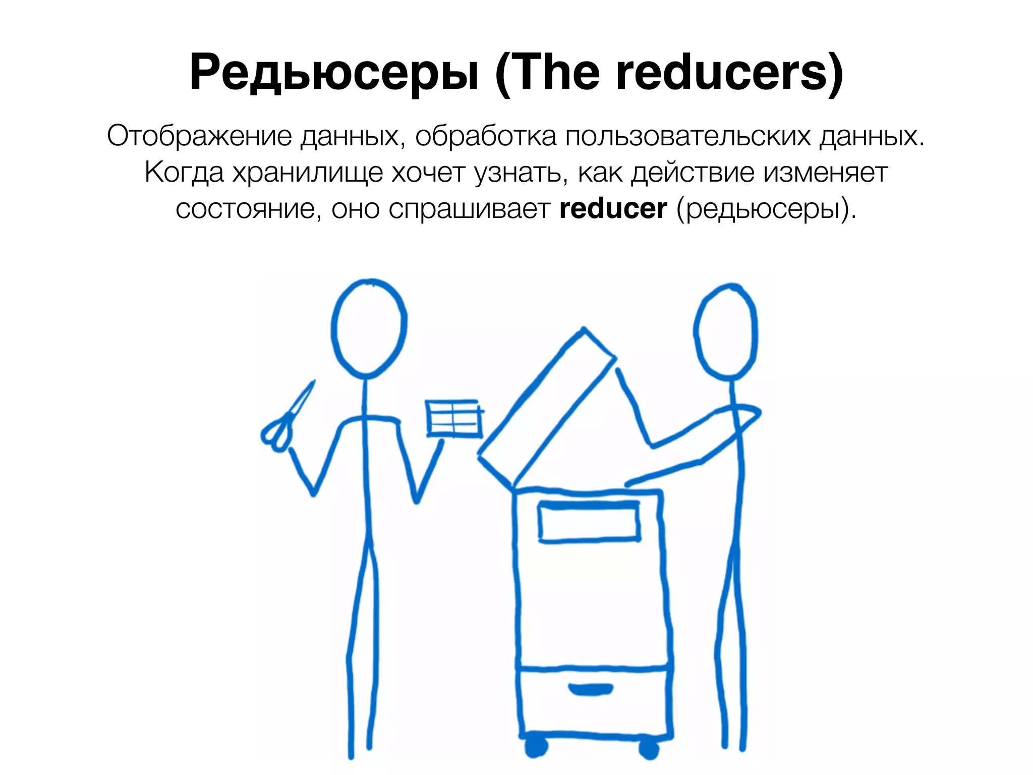 Редьюсеры (The reducers) Отображение данных, обработка пользовательских данных. Когда хранилище хочет узнать, как действие изменяет состояние, оно спрашивает reducer (редьюсеры). 
