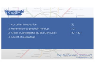 1. Accueil et introduction (5')
2. Présentation du prochain meetup (10')
3. Atelier « Cartographie du BIM Genevois » (40’ ...