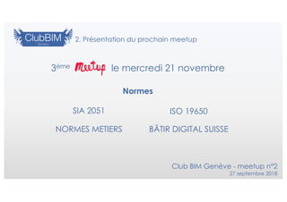 Normes
2. Présentation du prochain meetup
Club BIM Genève - meetup n°2
27 septembre 2018
3ème le mercredi 21 novembre
SIA ...