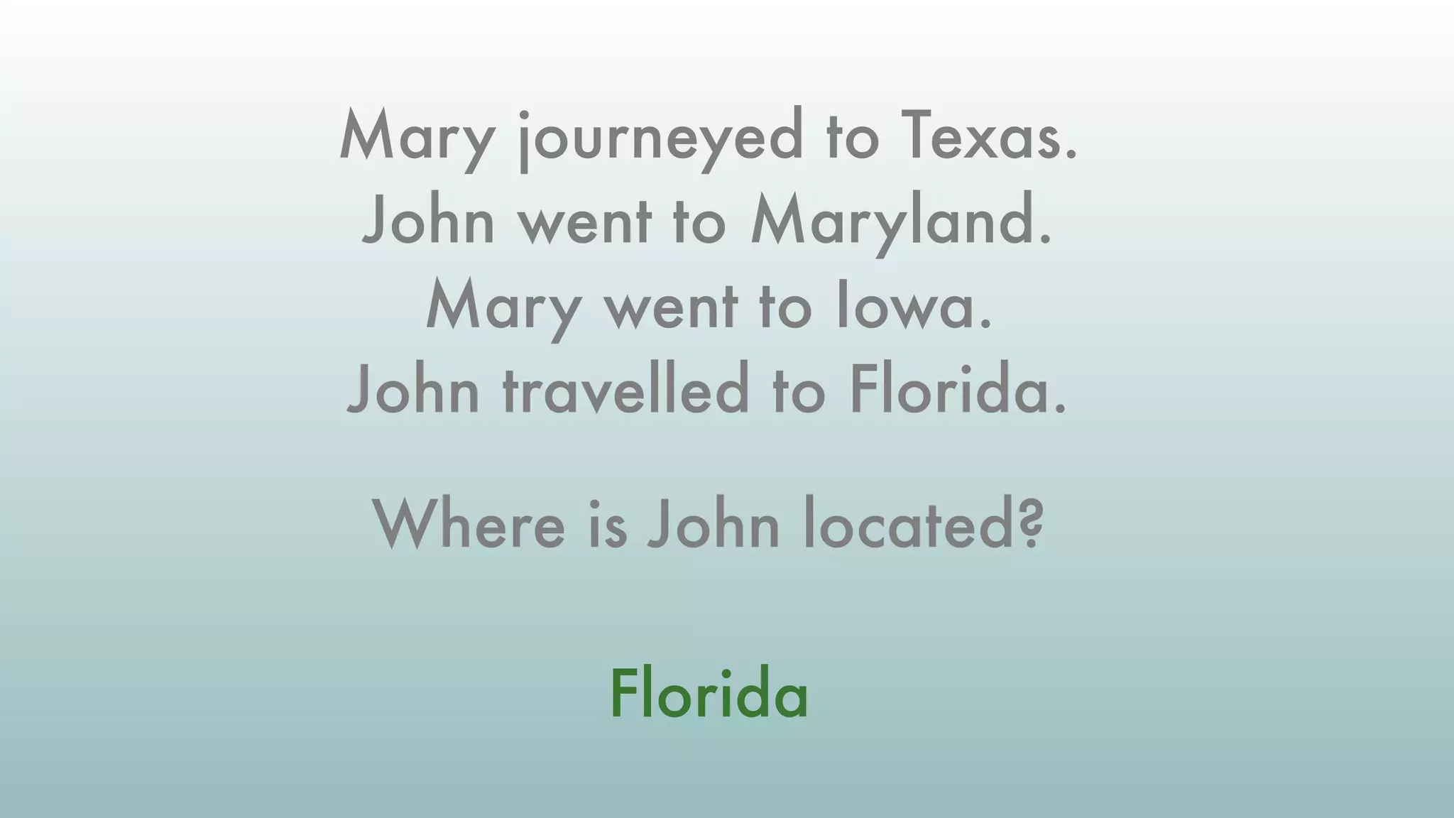 Mary journeyed to Texas.
John went to Maryland.
Mary went to Iowa.
John travelled to Florida.
Where is John located?
Florida
 