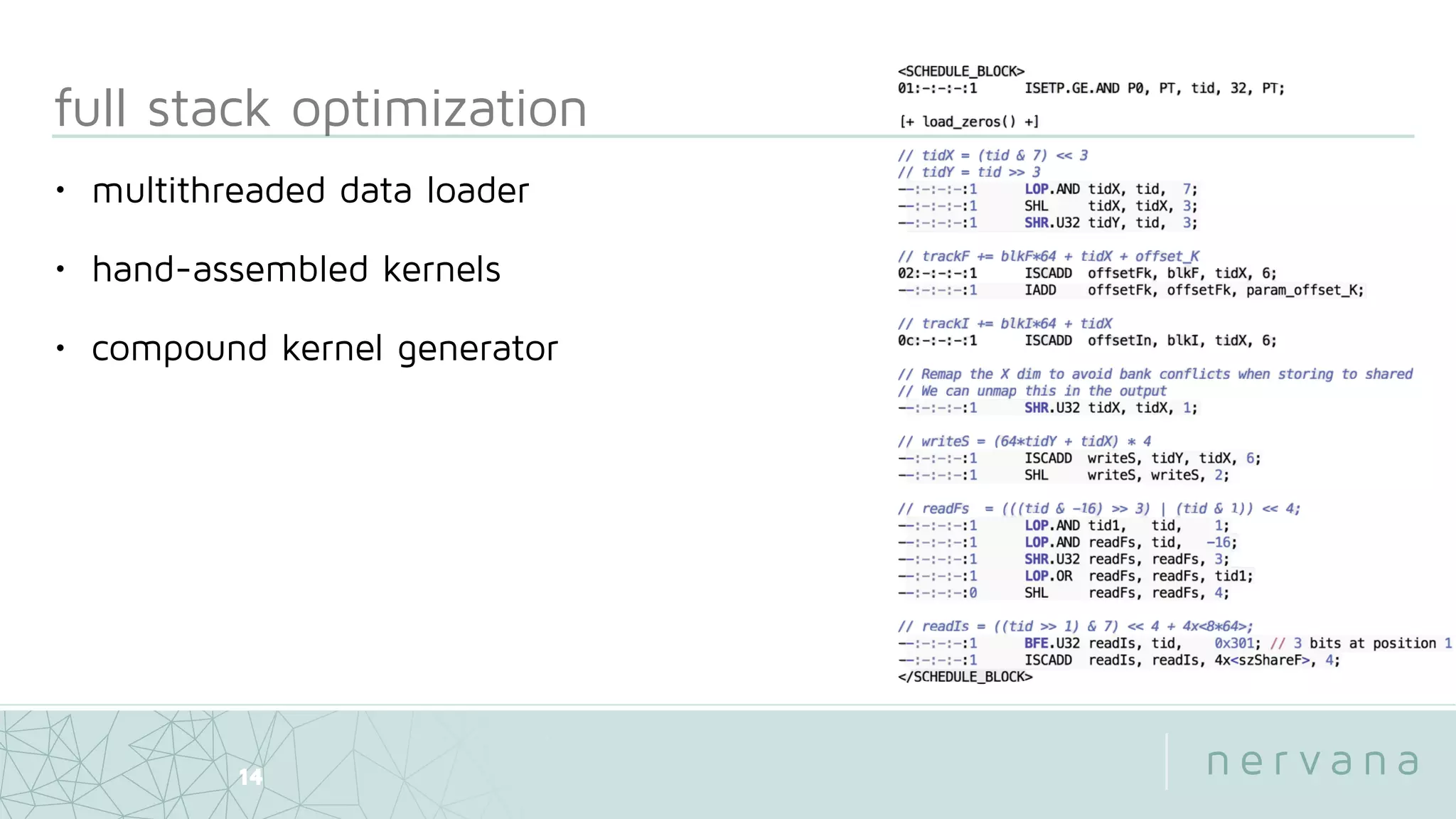 full stack optimization
14
• multithreaded data loader
• hand-assembled kernels
• compound kernel generator
 